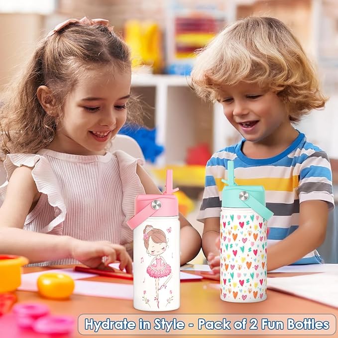 Kid Water Bottle 12oz with Straw Lid - 2-Pack Insulated Stainless Steel Water Bottles for Kids Girls - Travel Cup for Back to School Sports Christmas Birthday (Ballerina & Heart)