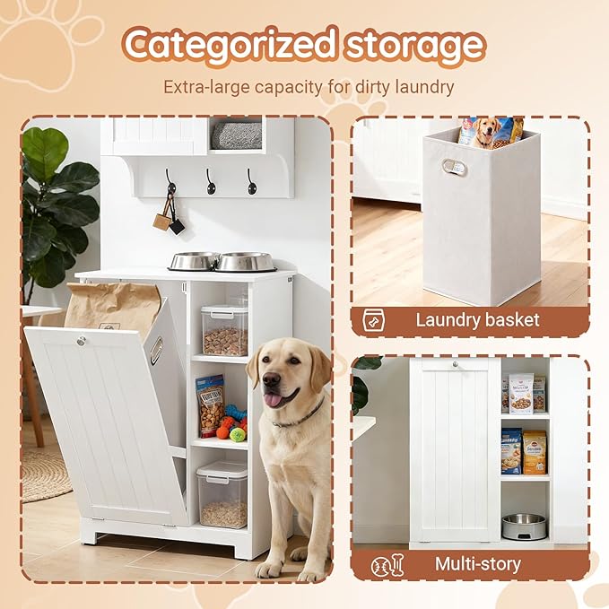 Dog Food Storage Cabinet with Tilt-Out Bin and Open Shelves, Pet Storage Organizer Cabinet with Magnetic Door and Anti-Tip Design, White Kitchen or Bathroom Furniture, BZR105-W