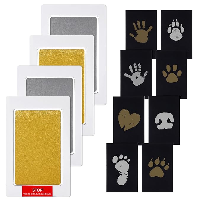 4 Packs Inkless Hand and Footprint Kit Mess Free Paw Print Kit for Dogs & Cats Clean Touch Ink Pad for Pet Nose & Paw Dog Mom New Mom Gifts(Gold & Silver)