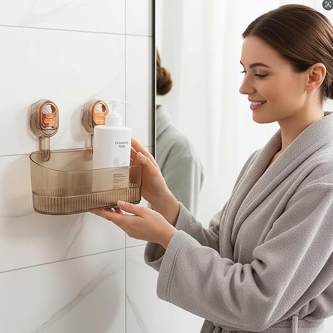 No Drill Bathroom Organizer with Strong Suction Cups, Heavy Duty Shower Organizer Holds 10lbs, Bathroom Shelf for Shampoo, Soap, Razor, Toothbrush (transparent gray)
