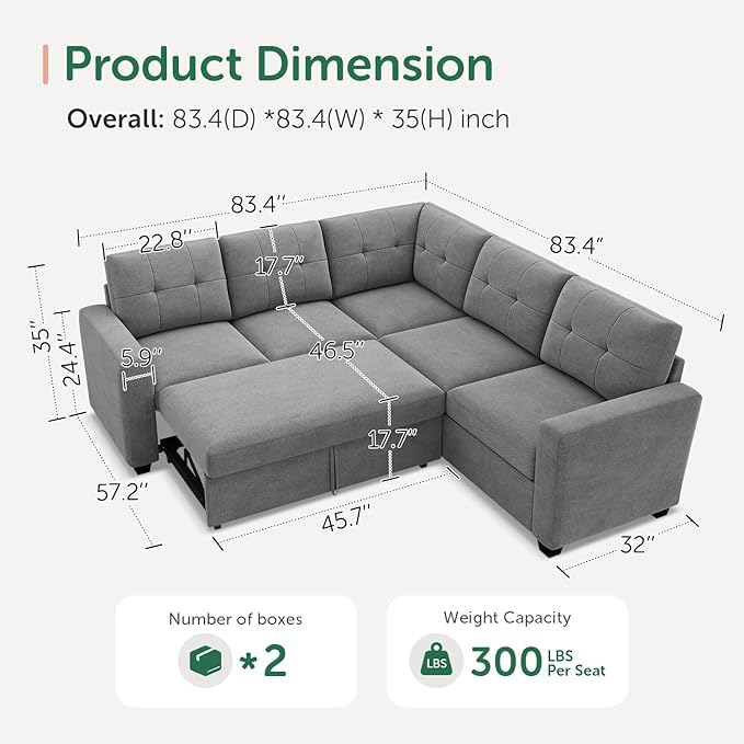 HONBAY 83.4 Inch U-Shaped Sectional Sleeper Sofa with Pull-Out Bed, 5-Seater Sectional Sofa for Living Room, Pet-Resistant Fabric Couch, Grey