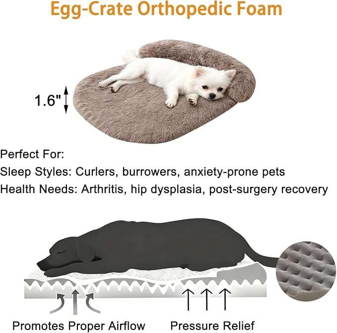 Calming Dog & Cat Beds for Small Medium Dogs Cats, Anti-Anxiety Plush Pets Lounge Couch Sofa Orthopedic Cushion, Soft Fluffy Faux Fur Washable, Fits up to 25 lbs Pets (Oval, Brown 26"x20")