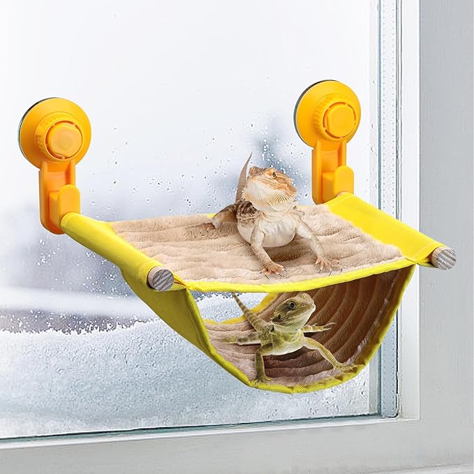 BNOSDM Bearded Dragon Windows Perch Reptile Hammock with Strong Suction Cups Soft Warm Lizards Bed Double Layered Cage Accessories for Chameleon Geckos Snakes (Yellow)
