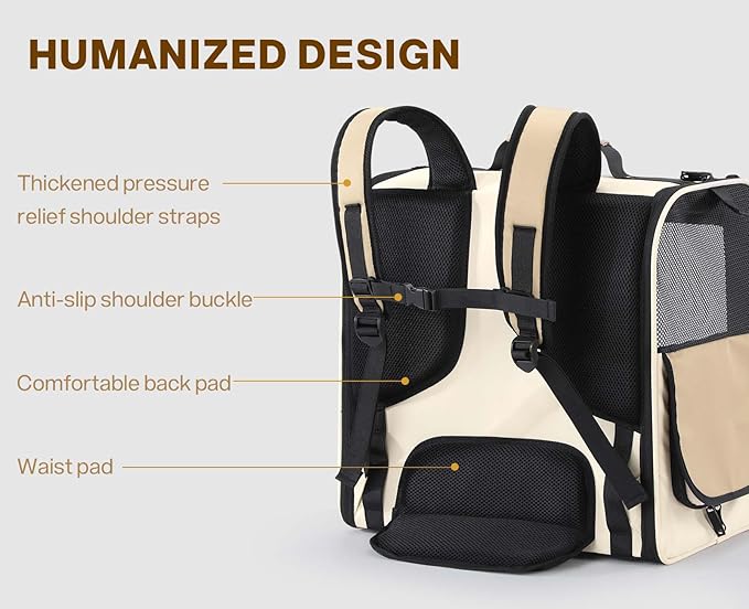 Pecute Cat Carrier Backpack Pet Carrier Backpack Widen Large Space, Stable Pet Backpack for Cat Small Dog, Ventilated Pet Backpack Miniature Dachshund Bag Suitable for Hiking, Camping, Khaki
