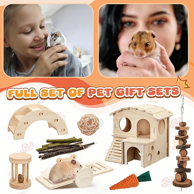 8 Pcs Hamster Cage Accessories Hamster Starter Kit with Maze Wood House, Bridge, Seesaw, Chew Toys Set for Gerbils and Mice Small Animals Habitat Supplies(Fun Villa)
