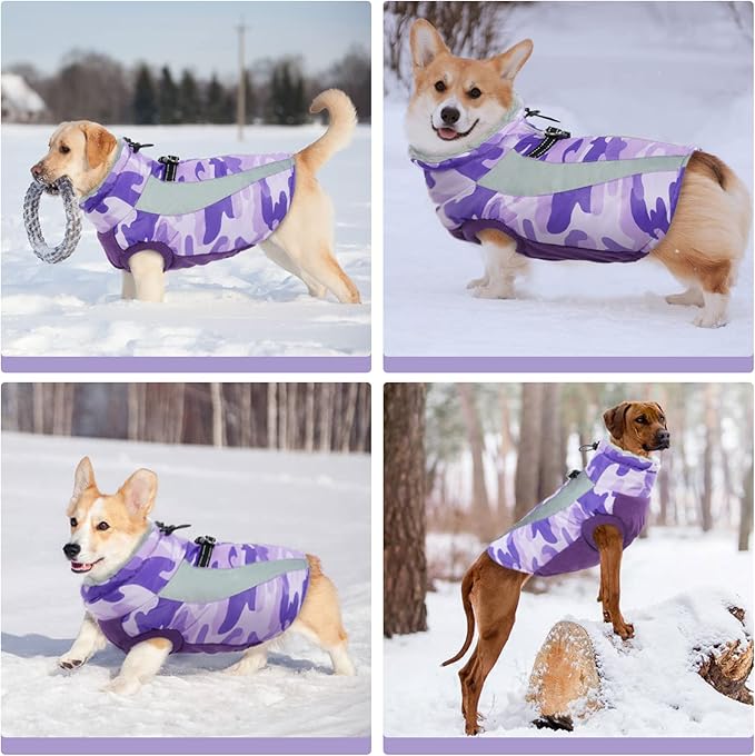FUAMEY Dog Winter Jackets for Large Dogs,Dog Coat with Harness Built in,Waterproof Dogs Snowsuits Warm Pet Jacket Zip Up Fleece Cold Weather Coats Reflective Puppy Vest with Pocket Blue 3XL