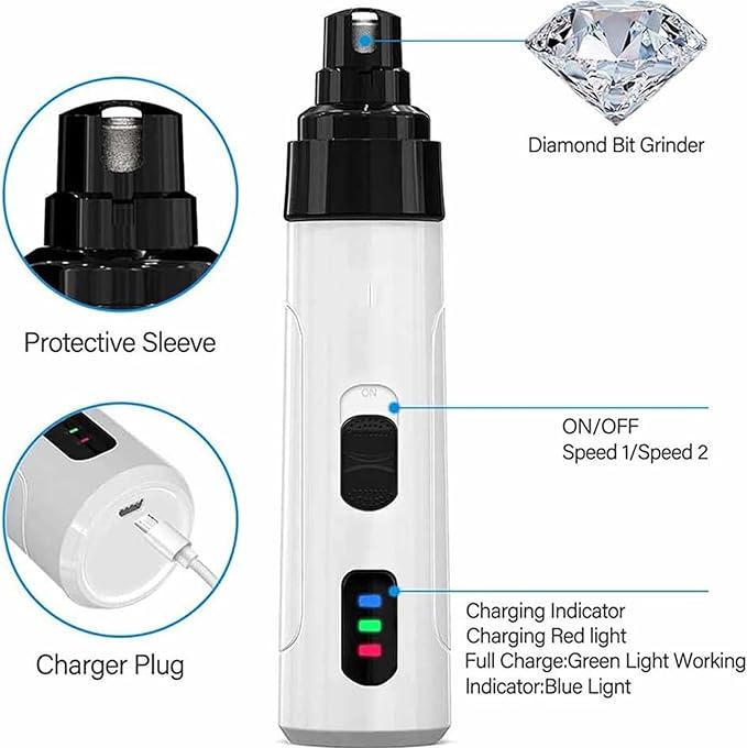 Electric Dog Nail Grinder & Trimmer - Rechargeable, Quiet, Low Vibration Pet Grooming Tool for Small & Large Dogs - Safe Paws Clipper with LED Light for Professional Home Grooming