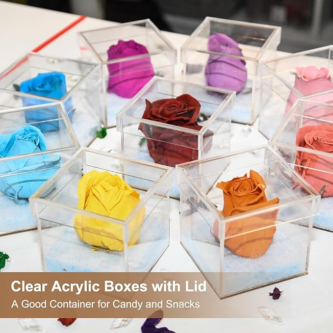 Acrylic Box with Lid, 3.35 x 3.35 x 3.35 in Acrylic Display Case Plastic Square Cube Container Storage Holder Stackable Bins for Cosmetic Collectible Candy Jewelry(2 Pack, Clear)