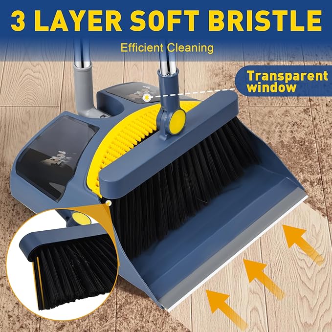 Broom with Dustpan Combo Set, 55" Long Adjustable Handle Broom and Dustpan Set Pet Hair Removal Broom with Dustpan Teeth to Clean Hair Suitable for Home Kitchen Office Hall Floor(Blue)