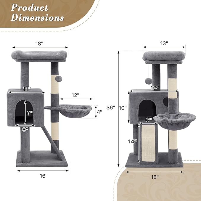 Athena Collection Small Cat Tree, Modern 36 Inch Cute Cat Tree Tower with Scratching Post Condo Hammock Activity Platform and Playing Ball for Indoor, Dark Grey