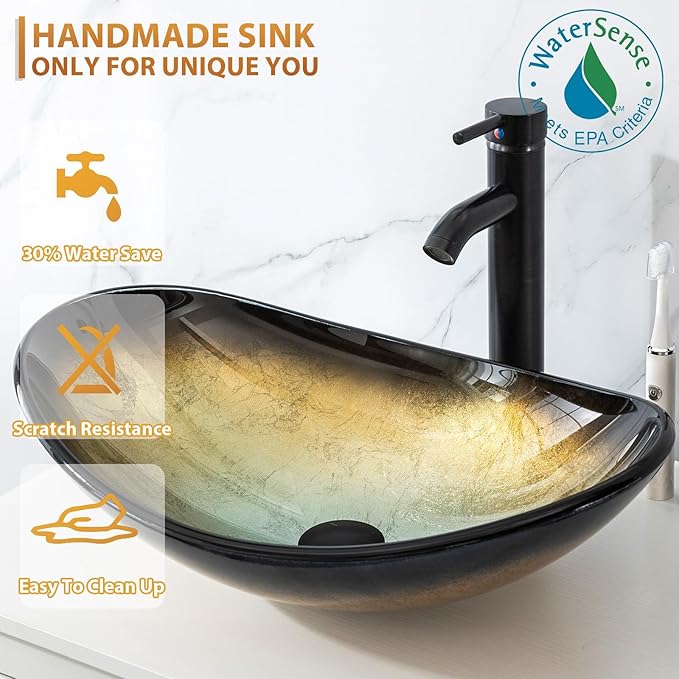 eclife 84" Modern Bathroom Vanity Sink Combo Freestanding Cabinet with Small Side Cabinet, Champagne Boat Glass Vessel Sink, Water Save Faucet, Drain (Gray+A29CH)