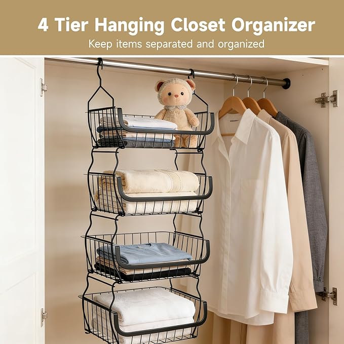 4 Tier Hanging Closet Organizer, 36.2 x 15 x 11 in Carbon Metal Hanging Storage Basket, Rustproof Heavy Duty Closet Wire Storage Shelf for Closet, Laundry, Dorm