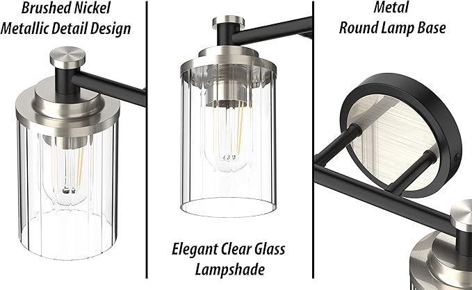 Bathroom Lighting Fixtures Black and Brushed Nickel Bathroom Vanity Light with Cylindrical Clear Stripes Glass Lampshade E26 Socket Base Bathroom Lighting Fixtures Over Mirror (3 Lights)