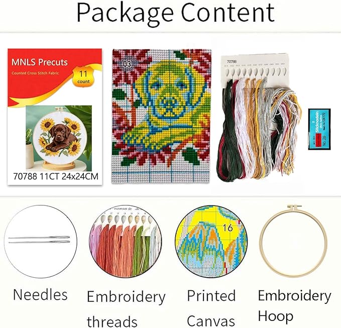 Zhenqing Labrador Dog Cross Stitch Kit for Beginners, 11CT Printed White Cotton Fabric 24x24cm with 20cm Hoop, Sunflower & Puppy Embroidery Set with Threads & Instructions(70788)