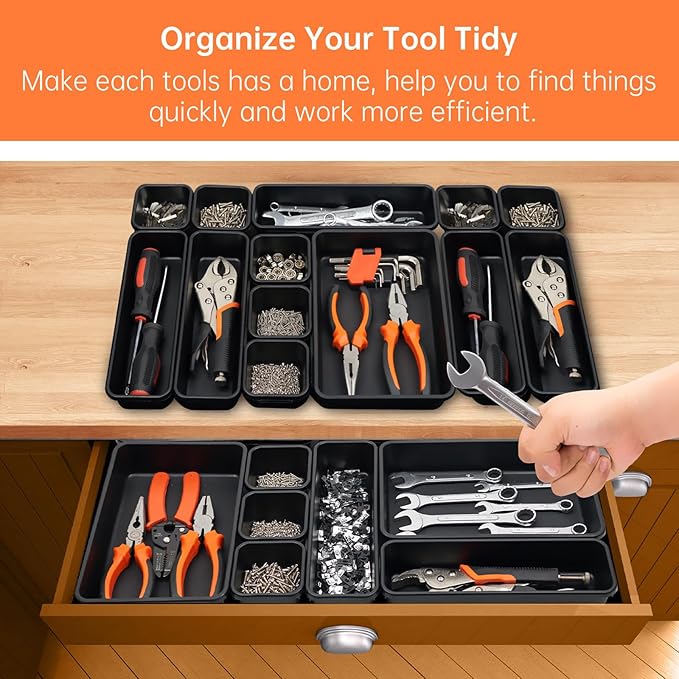 45 Pack Tool Box Organizer Tray Divider, Toolbox Desk Drawer Organizer,Garage Organization Storage for Rolling Tool Chest Cart Cabinet Workbench Workshop Small Parts Widget Tool Organizer Black