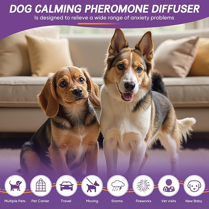 Dog Calming Pheromones Diffuser 6 in 1 Kit Appeasing Pheromone Diffuser to Calm (2 Plug in+4 Pack 48ml Refill) for Anxiety Relief Reduce Aggression Fighting Barking Stress 120 Day