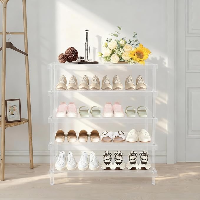 5-Tier Acrylic Shoe Rack in Clear Pink, 22 lbs per Shelf, 5mm Thick Modern Shoe Organizer for Entryway, Living Room, Closet Storage (Clear)