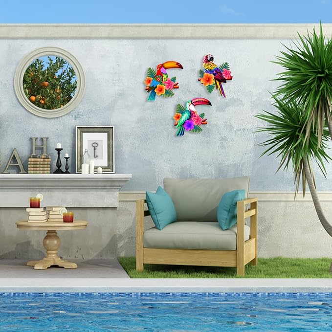 Meduofon 3 Pack Metal Birds Wall Art Decor, Beautiful Parrot Toucan Outdoor Wall Decor for Patio Wall Fence Deck Garden Home Balcony Tropical Bird Macaw Wall Sculpture Hanging for Indoor Outdoor