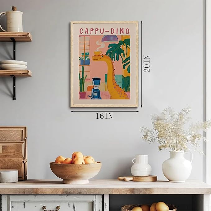 XJYISUO Framed Wall Art Trendy Coffee Wall Decor Whimsical Cappu-Dino Canvas Art Retro Dinosaur Coffee Pictures Funny Dopamine Paintings Funky Artwork For Kitchen Coffee Bar Living Room