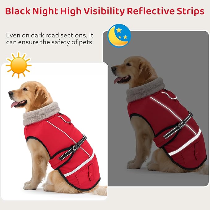 Dog Winter Coat Jacket Waterproof for XL Large Dogs, Reflective Pet Vest Warm Fleece Cozy for Cold Weather, Dogs Snowsuit Windproof, Adjustable Buckle