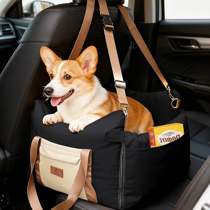 Small Dog Car Seat, Waterproof Pet Booster Seat for Car with Side Handles and a Storage Pocket, Clip-On Safety Leash and PP Cotton Filling, Vehicle Bed for Small to Medium Dogs up to 25lbs (Black)