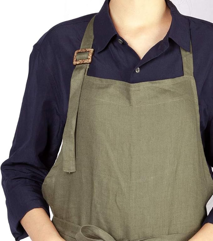 ATLINIA 100% Linen Apron with Buttons Adjustable Bib Apron with Pockets Linen Half Apron Bistro Apron