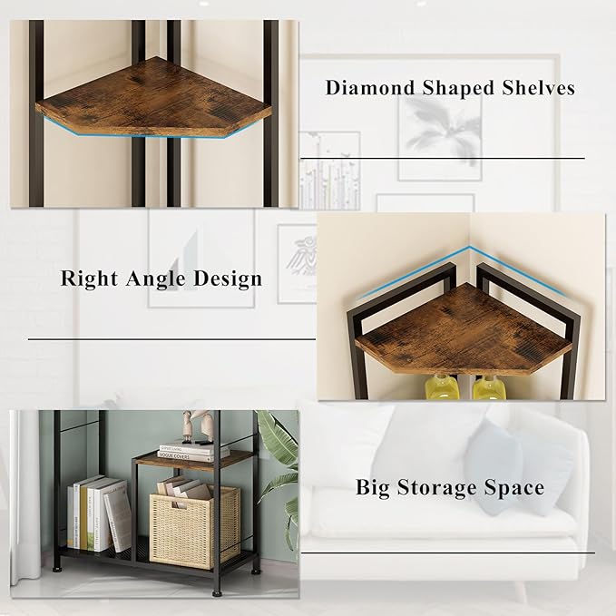 GILLAS 5 Tier Corner Shelf Stand, Freestanding Corner Shelf Unit Bookshelf, Corner Table with Shelf, Tall Storage Organizer Rack for Living Room, Bedroom, Office. Small Space, Metal