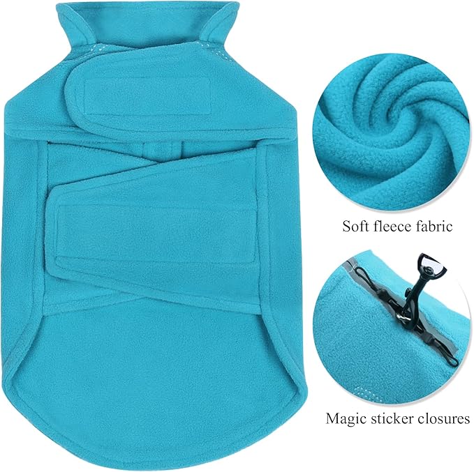 VIVAGLORY Dog Fleece Coat Warm Jacket with Hook and Loop Fastener, Easy to Take on and Off, Winter Vest Sweater for Small Medium Large Dogs Puppy Windproof Clothes for Cold Weather, Turquoise, L