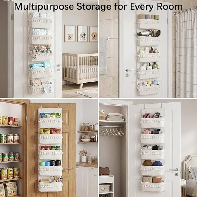 Over The Door Organizer, 5-Tier Sturdy Canvas Hanging Storage for Pet Supplies & Dog Walking Gear, Heavy Duty Large Pockets for Leashes, Treats, Toys, Multi-Use for Nursery & Closet (Beige)