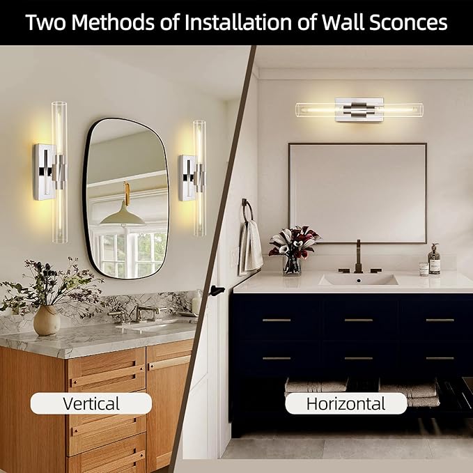 Chrome Wall Sconces, 22.8" Bathroom Sconces, Indoor Sconces Wall Lighting Up and Down, Nickel Wall Sconce Set of Two Dimmable, Vanity Lights for Bathroom with Tube, Glass Sconce for Bedroom, Staircase