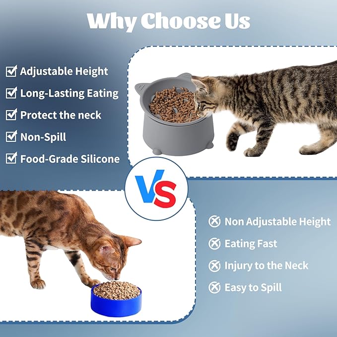 Cat Raised Bowls Silicone, 3 Modes to Adjust Height Elevated Cat Bowl to Protect Puppy,Kitten Spine and Anti Vomit Slow Feeder with 10° Tilted Detachable Dish for Pet Dry,Wet Food