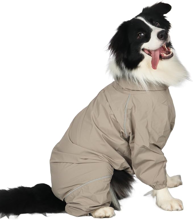 Dog Raincoat for Medium Large Dogs,rain Jacket Coat, Full Leg Coverage Waterproof Rain Suit with Detachable Hood & Tail, Reflective Strips, Snag-Free Top Zipper (Khaki for Girl, Medium)