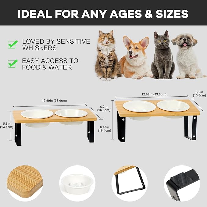 Upgraded Adjustable Height Cat Food Bowls Stand Ceramic Dog Bowls and Slow Feeder Cat Bowl, 15°Tilted Stand Anti Vomiting Raised for Small and Medium Sized Cats Dogs (Creamy White)