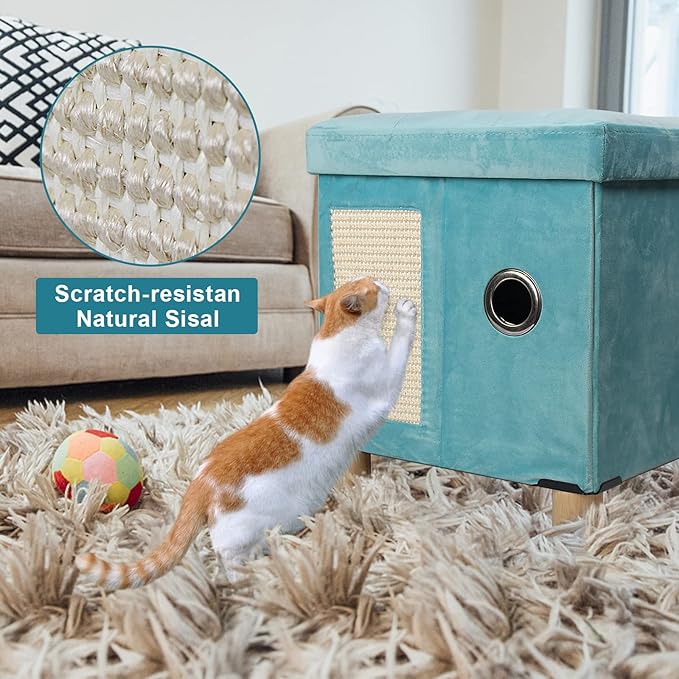 BRIAN & DANY Foldable Cat House, Cat Cave, Cat Cube with Scratch Board & Ball, 12.5" x 14.5” x 14.1”, Green