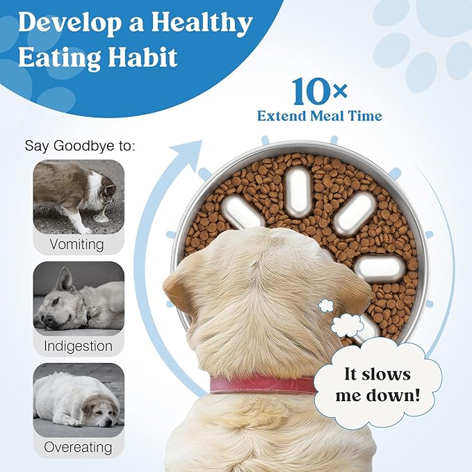 Slow Feeder Dog Bowls, 304 Stainless Steel Slow Feed Pet Bowl with Non-Slip Base for Medium Breed Dogs to Stop Bloat Prevent Choking, Dishwasher Safe, Silver