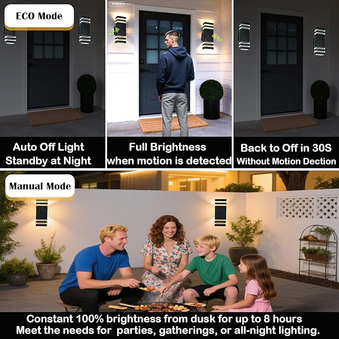 Dusk to Dawn Motion Sensor Porch Light with 3 Lighting Modes, Waterproof Up Down Wall Sconce with Adjustable Bulbs, Aluminum Exterior Light Fixtures for Entryway, Patio, Garage,ETL Listed