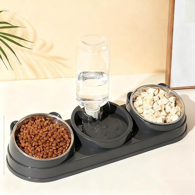 Elevated Cat Bowl Set, 15° Raised Cat Food and Water Bowl with Dispenser, Pet Dishes for Indoor Cats, Small Medium Dogs & Rabbit Feeding, Anti-Vomiting, Slow Feeder (Grey)