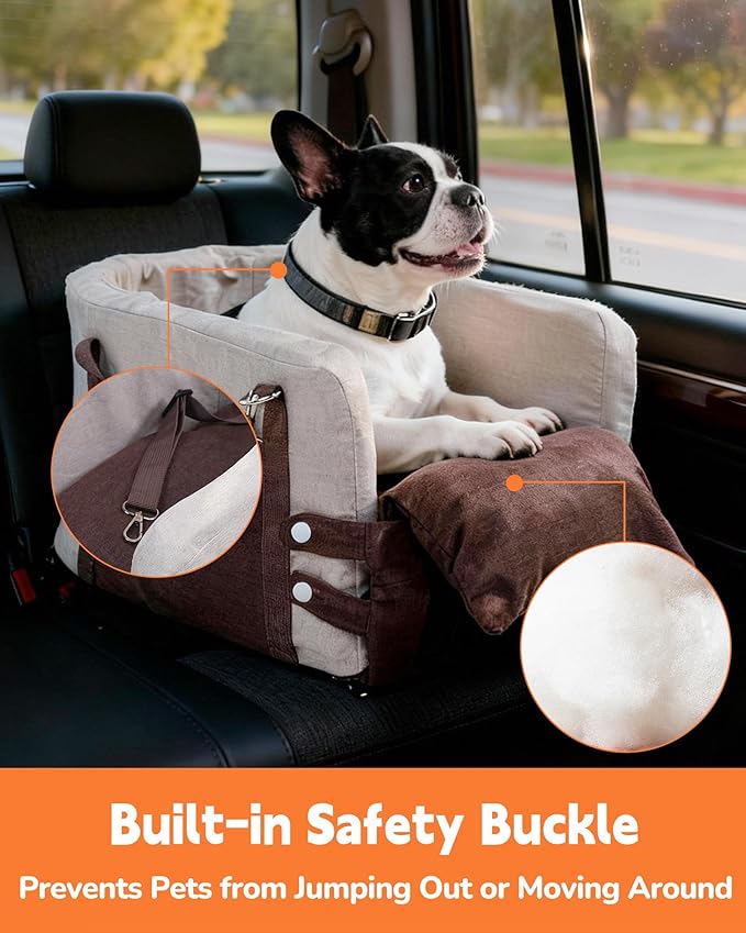 JZXOIVA Console Dog Car Seat & Travel Bed for Small/Medium Dogs, Booster Dog Car Seat with Safety Tether, Non-Slip Base, Washable Cover, Front or Back Seat Pet Carrier Bed, Black