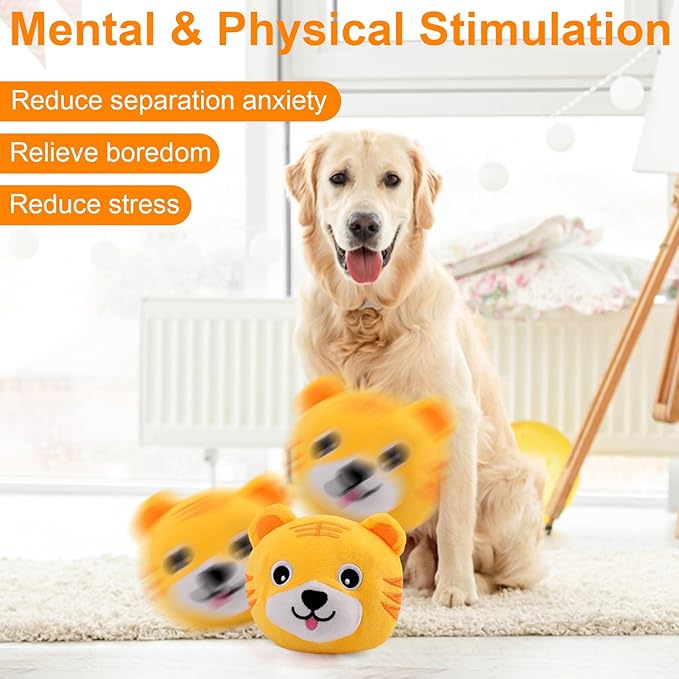 Mity rain Interactive Dog Toys, Active Moving Pet Plush Toy for Dogs, Dog Squeaky Moving Ball Toys with Chewable Plush Cover&Music for Small Medium Large Dogs Chasing (Tiger Pattern)