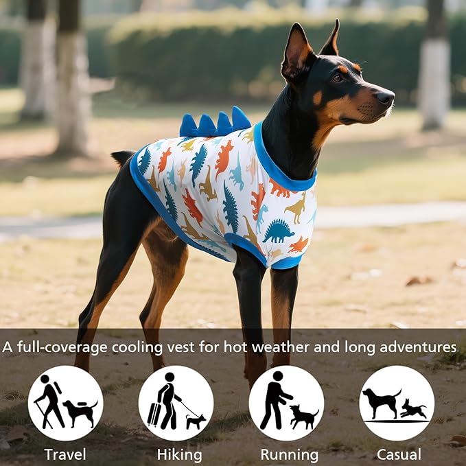 UPF 50+ Sun Protection Dog Shirt - Sleeveless Cooling Vest for Large Dogs Boy, Quick-Dry Pet T-Shirt with Funny Dinosaur Horns, UV Protective Breathable Dog Clothes U-COSBX02XL