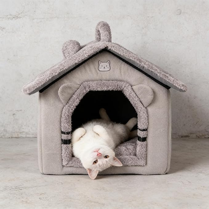 Lovely Cat Bed for Indoor Cats, Cartoon Pattern Cat Cave Bed with Handle Design, Soft Cat Hideaway Indoor Cat House for Kitten, Puppy & Small Pets (M)
