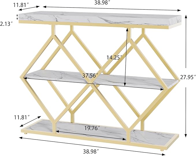 Garvee 3-Tier Entryway Table, Industrial Console Sofa Table with Storage, Accent Table with Open Shelves, Diamond-Shaped Metal Frame, Foyer Table for Entryway, Hallway, White