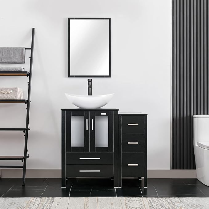 eclife 36" Modern Bathroom Vanity Sink Combo Freestanding Cabinet with Small Side Cabinet, White Boat Ceramic Vessel Sink, Water Save Faucet, Drain (Black+T44)