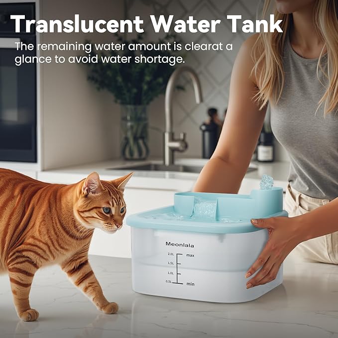 Cat Water Fountain 68oz/2L-Ultra Quiet Water Fountains for Cats Indoor,Pet Water Fountain,Continuous Water Flow， Automatic Water Dispenser for Cats with Filters for Small and Medium Animals（Blue）
