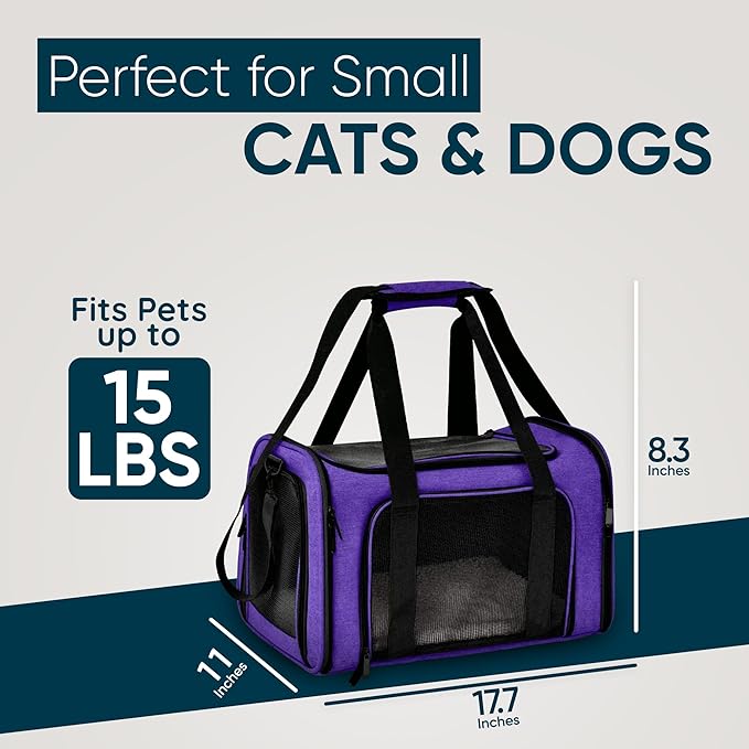 Pet Travel Carrier Bag – Airline Approved Soft-Sided Dog & Cat Carrier, Foldable, Breathable Mesh, Washable Pad – Fits Pets up to 15 lbs – The Pup Quartet (Purple)