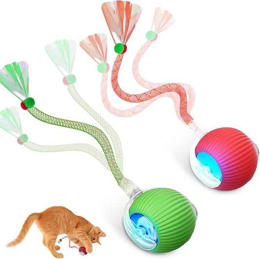 Interactive Cat Toys for Indoor Cats, Automatic Kitten Toys for Bored Indoor Adult Cats, Smart Kitten Rolling Ball Moving Balls Toy, Rechargeable Dog Cat Ball for Enrichment Exercise (Red+Green)