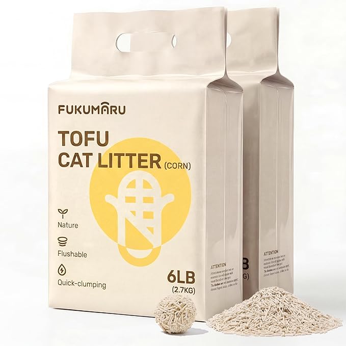 FUKUMARU Tofu Cat Litter - Septic Safe Corn Starch Blend, Flushable & Dust-Free, Quick Clumping, Superior Odor Control, Unscented, All-Natural, Low Tracking Pellets, Lightweight, 12 LBS (2 Packs)