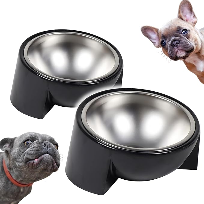 Tilted Dog Bowl for Flat-Faced & Senior Dogs, 2 Pack 15° Slanted Stainless Steel Dog Food Bowl, Elevated Pet Feeder for Small & Medium Dogs, Comfortable Eating Design (Black*2, M (420 ML / 1.5 Cups)