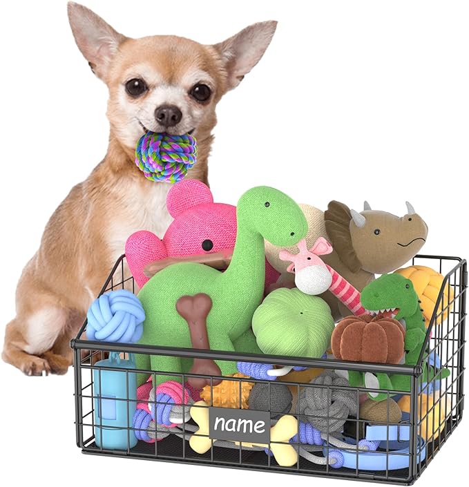 Indestructible Dog Toy basket, Small Toy Box for Dogs, Pet Toy Bin Dog Metal Basket for Toys, Toy Storage Organizer, Cat Toy Box for Living Room Area(Black)