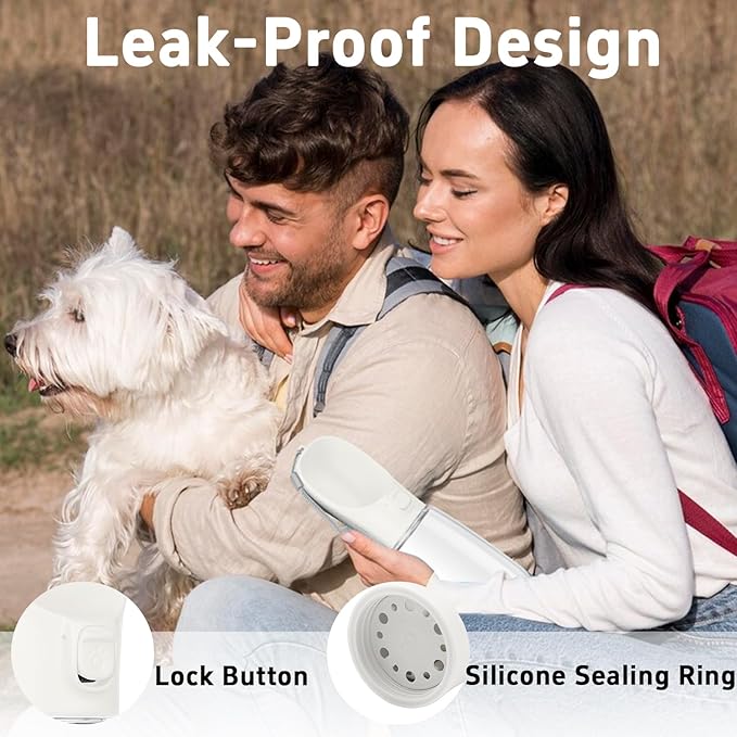 Portable Travel Dog Bottle with Bowl, Leak Proof, Convenient for Walking, Hiking and Camping (White, 12oz)
